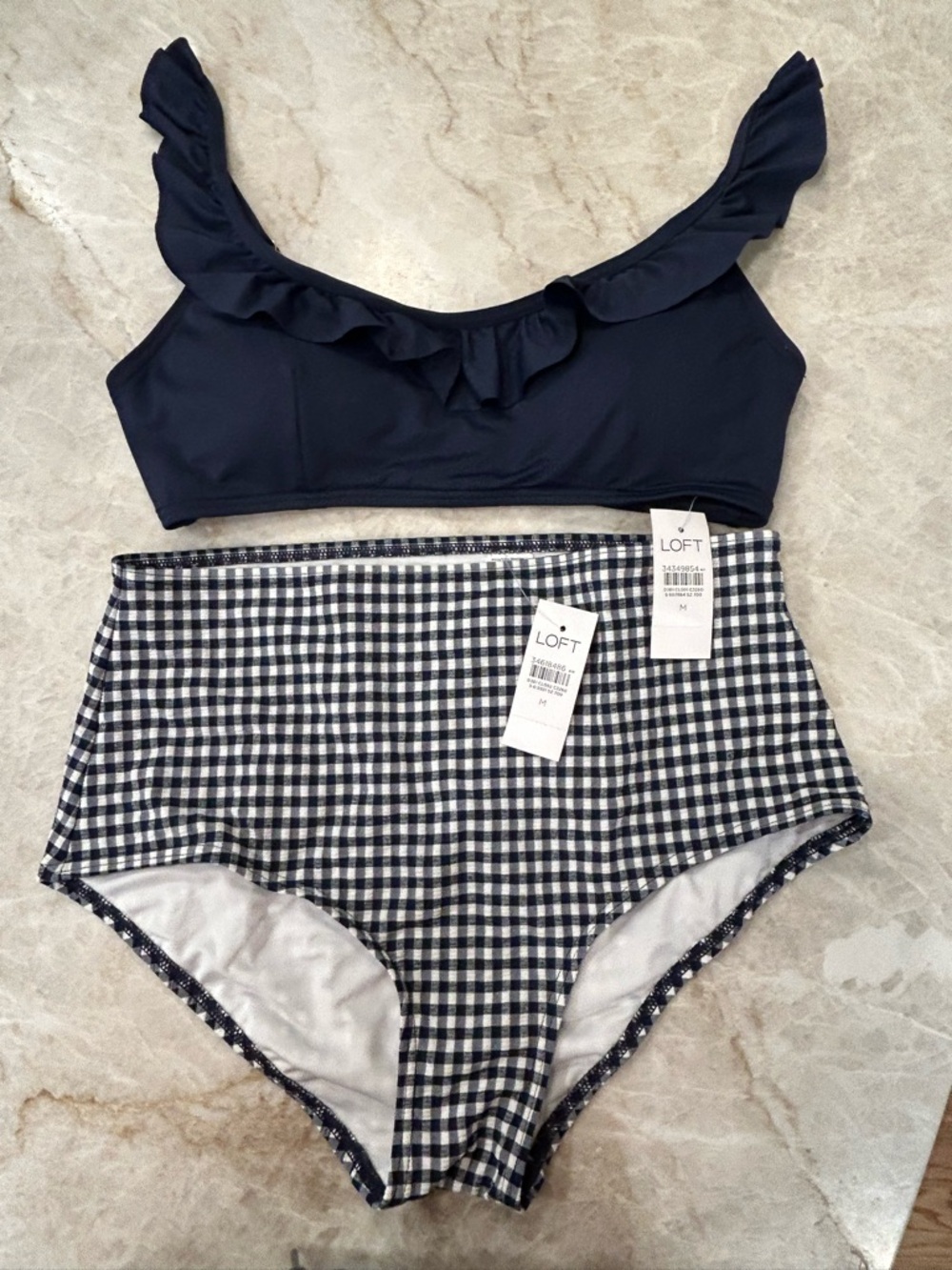 NWT-LOFT Flirty Navy Ruffle Bikini Top w/Navy & White Gingham High-Waist Bottoms